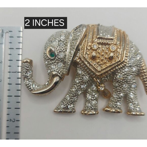 Estate Elephant Rhinestone Brooch Pin Vintage-Inspired W Green Eye~Hanging Charm - Picture 5 of 8